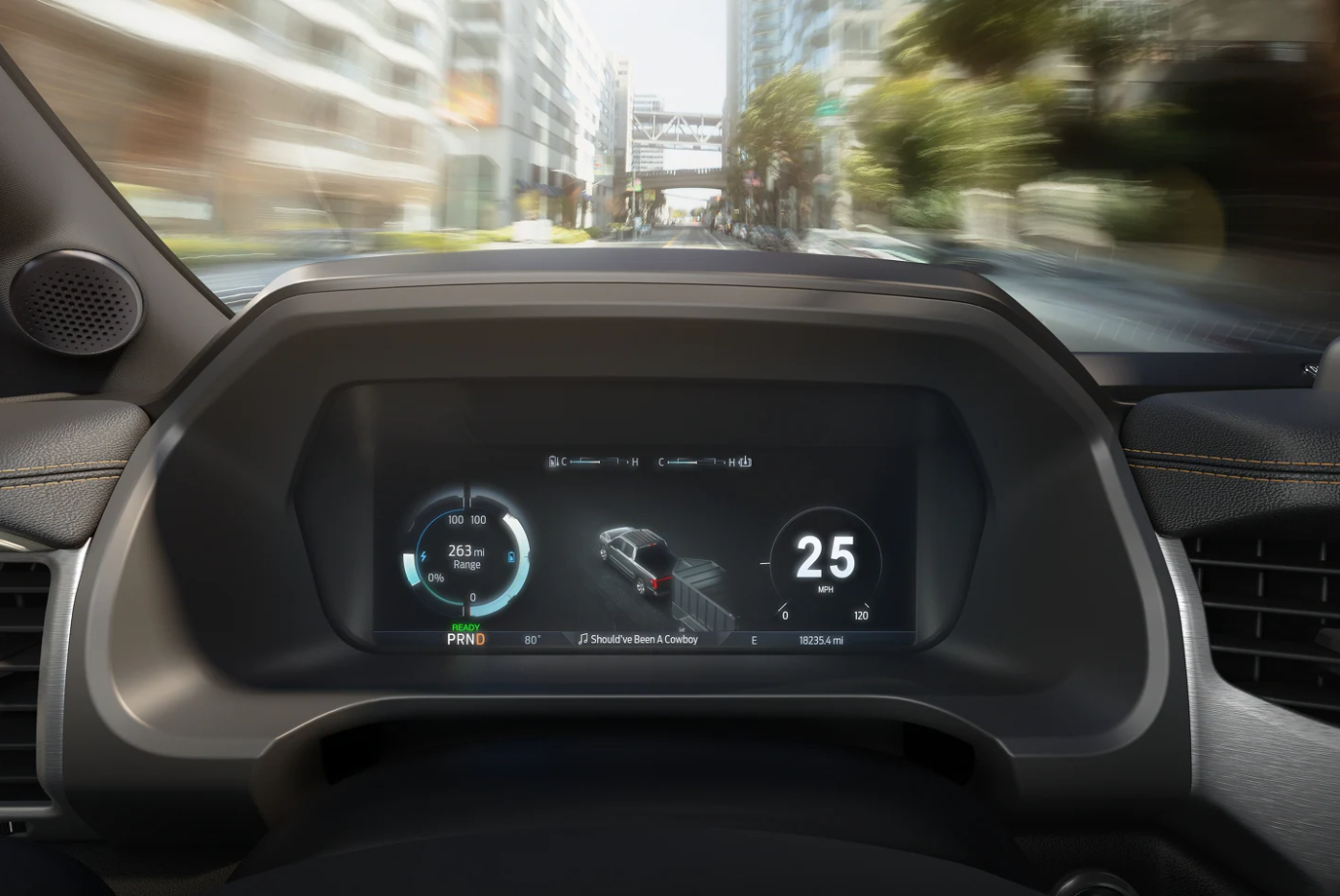 The all-digital dash of a 2022 Ford F-150 Lightning electric truck