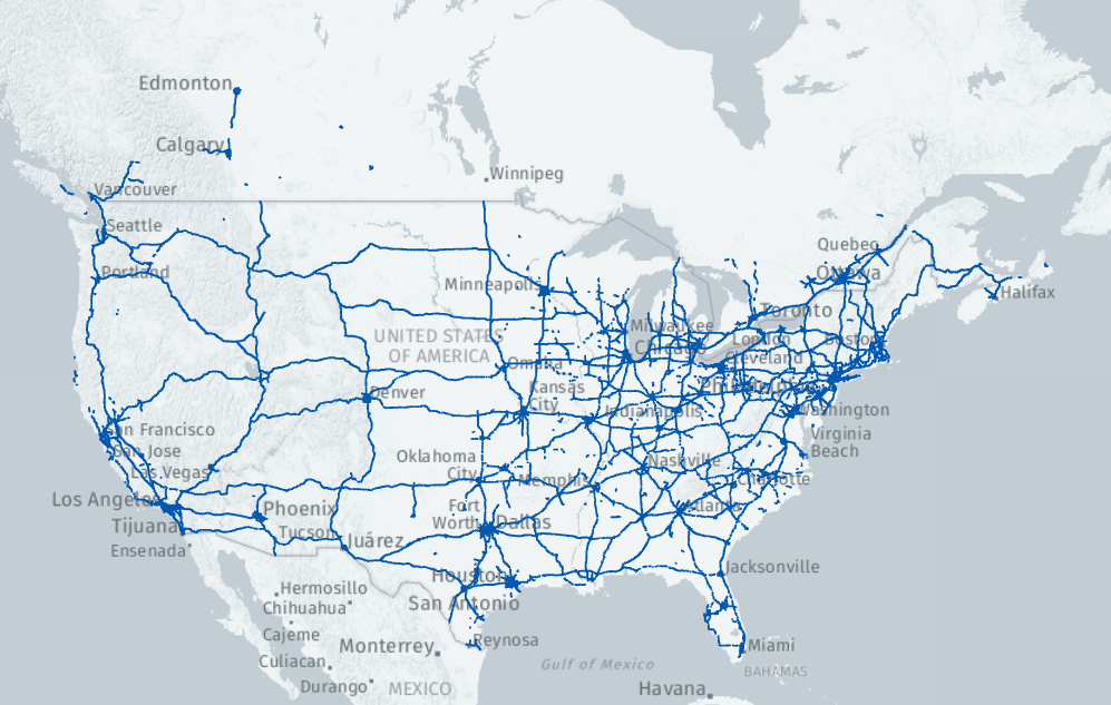A map of the United States showing blue routes where Ford's adaptive cruise control is available