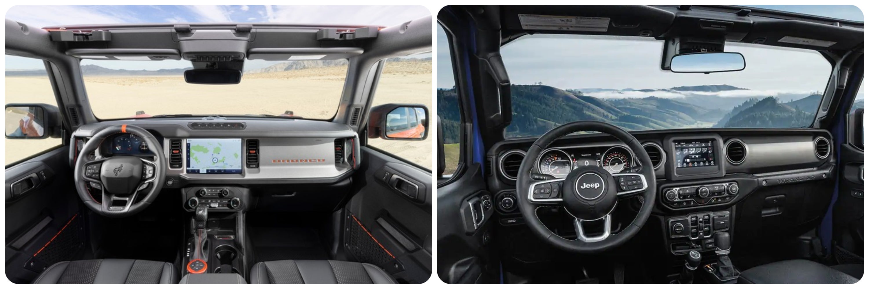 A view of the dash and infotainment systems of the 2023 Ford Bronco on the left and the 2023 Jeep Wrangler on the right.