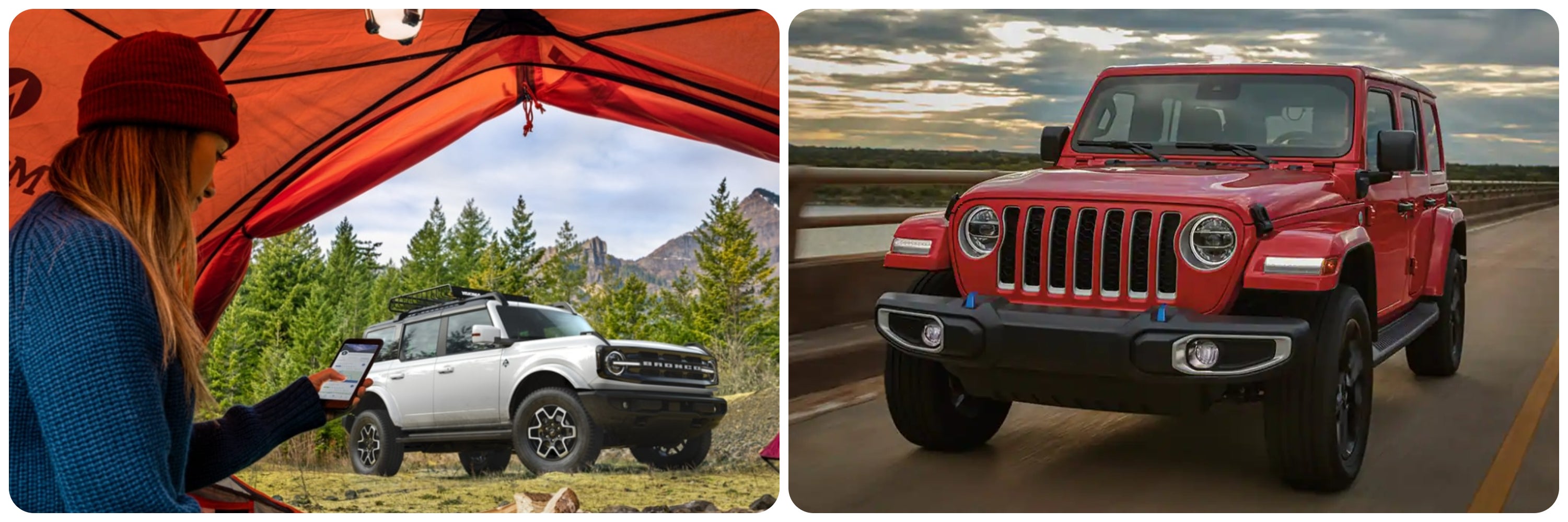 On the left a view out of an orange tent reveals a white 2023 Ford Bronco, on the right a red 2023 Jeep Wrangler drives down a country road