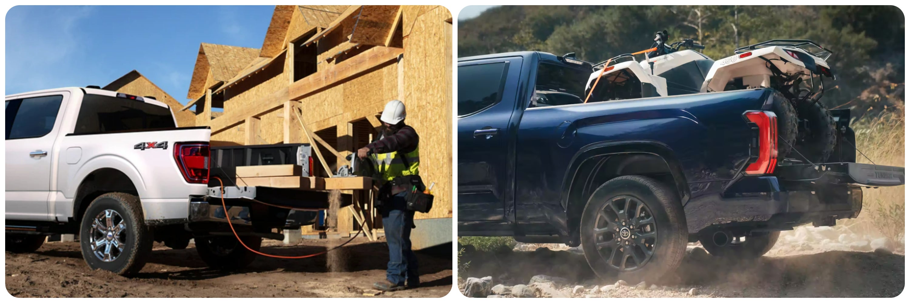 On the left the bed of a white 2023 Ford F-150 is used as a workbench at a construction site, on the right a view of a blue 2023 Toyota Tundra loaded with 4-wheelers