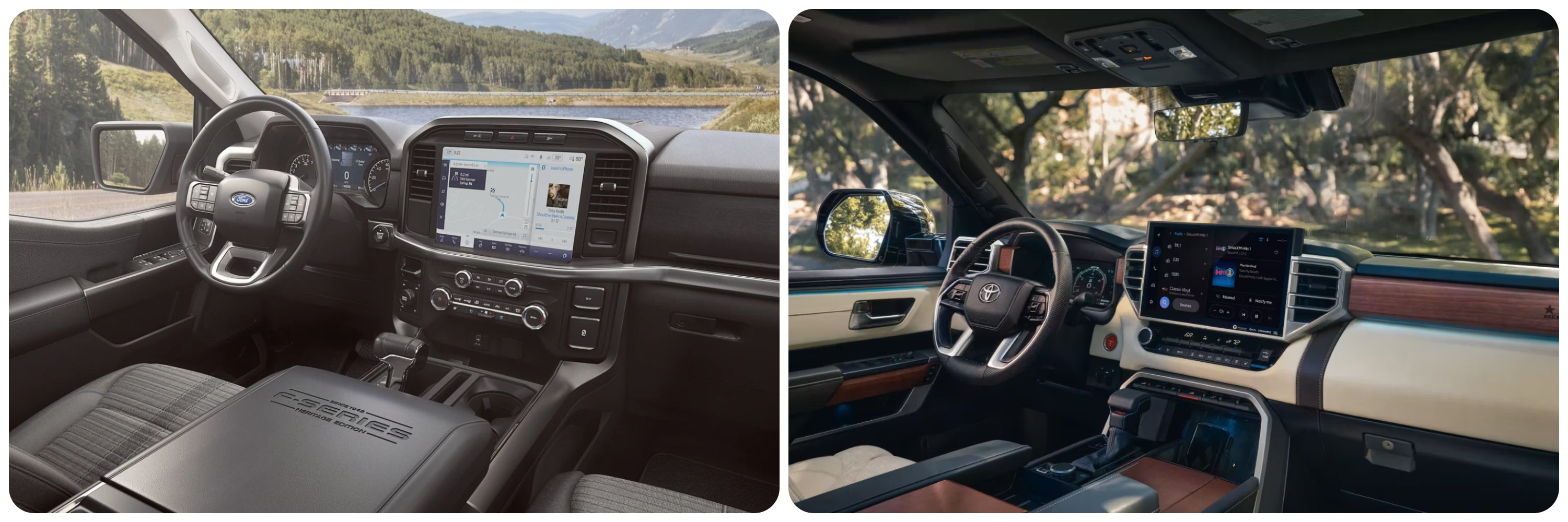 A view of the infotainment systems and dash of the 2023 Ford F-150 on the left and the 2023 Toyota Tundra on the rightthe