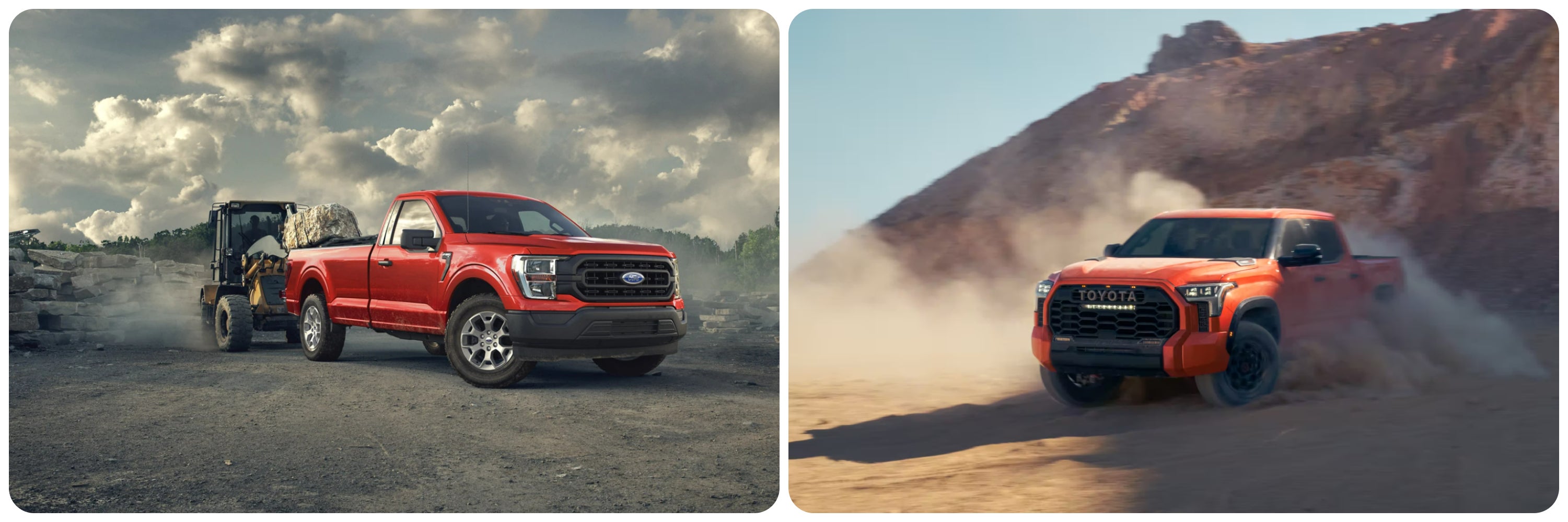 On the left a red 2023 Ford F-150 hauling construction equipment, on the right an orange 2023 Toyota Tundra spins dust into the air off-roading in the desert.