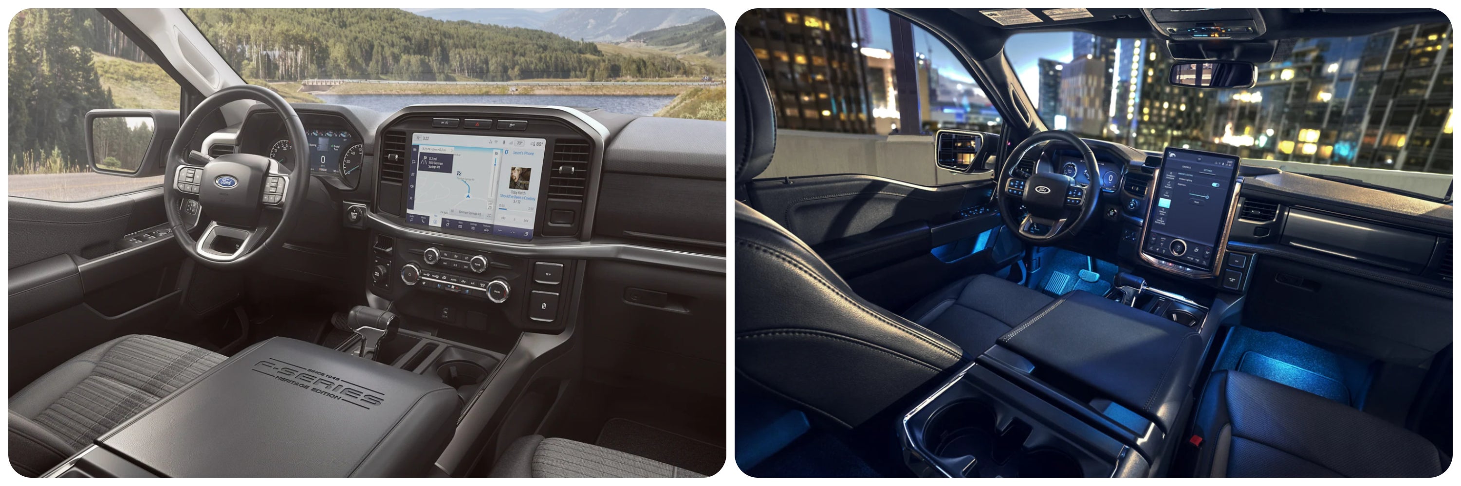 A view on the left of the dash and infotainment system of the 2023 Ford F-150, and the same view on the right of the 2023 Ford F-150 Lightning