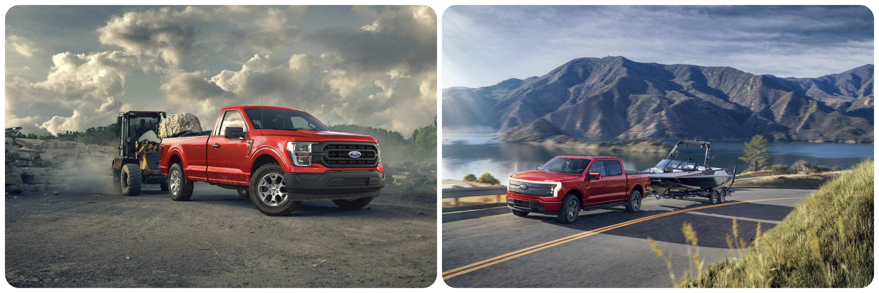 On the left a red 2023 Ford F-150 and on the right a red 2023 Ford F-150 Lightning