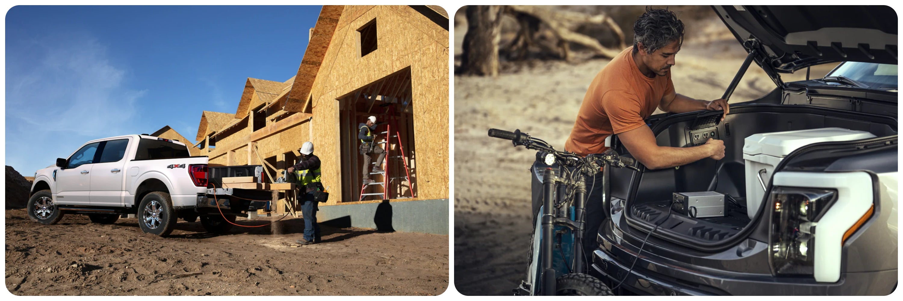 On the left a Ford F-150 and on the right a white Ford F-150 Ligtning at a construction site
