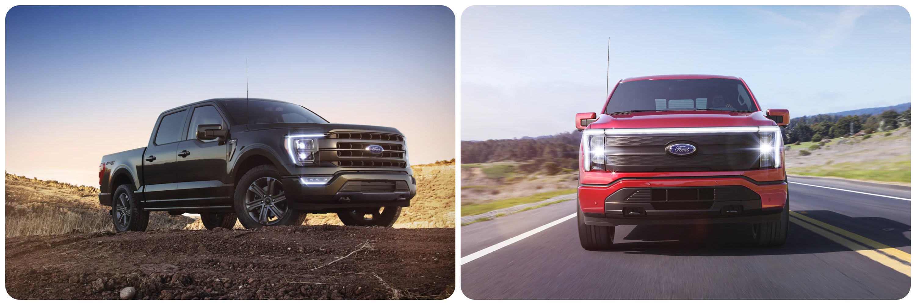 On the left a gray 2023 Ford F-150 and on the left a red 2023 Ford F-150 Lightning