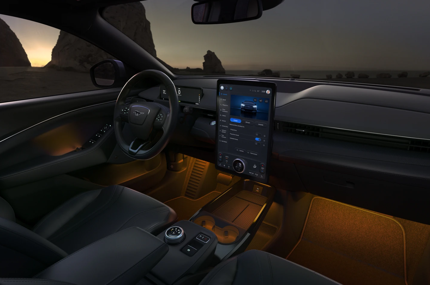 A view of the cabin of a Ford vehicle with accent lighting installed