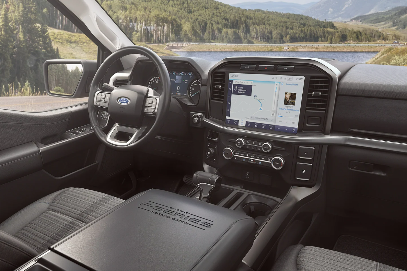 A view of the dash and infotainment system of a 2023 Ford F-150