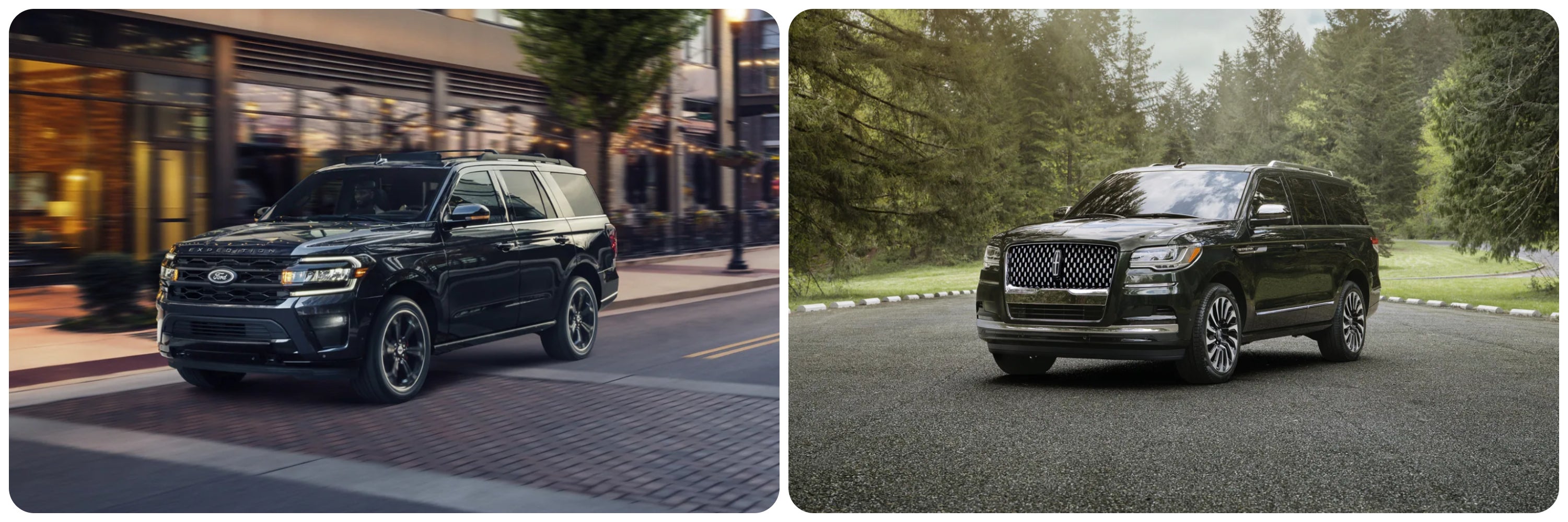 On the left a 2023 Ford Explorer and on the right a 2023 Lincoln Navigator is shown - both in profile view.