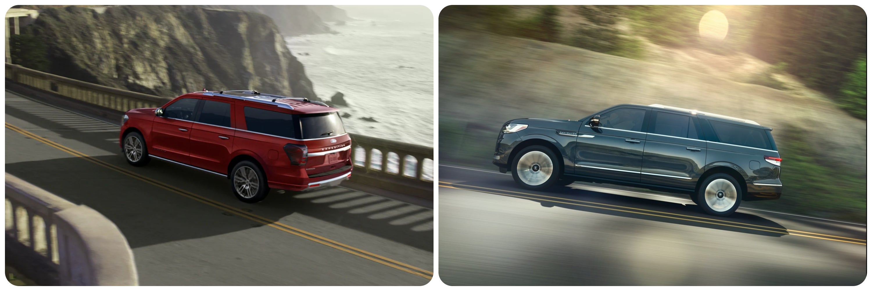 A red 2023 Ford Explorer drives past the viewer on the right and on the left a view of a black 2023 Lincoln Navigator as it speeds down the road.