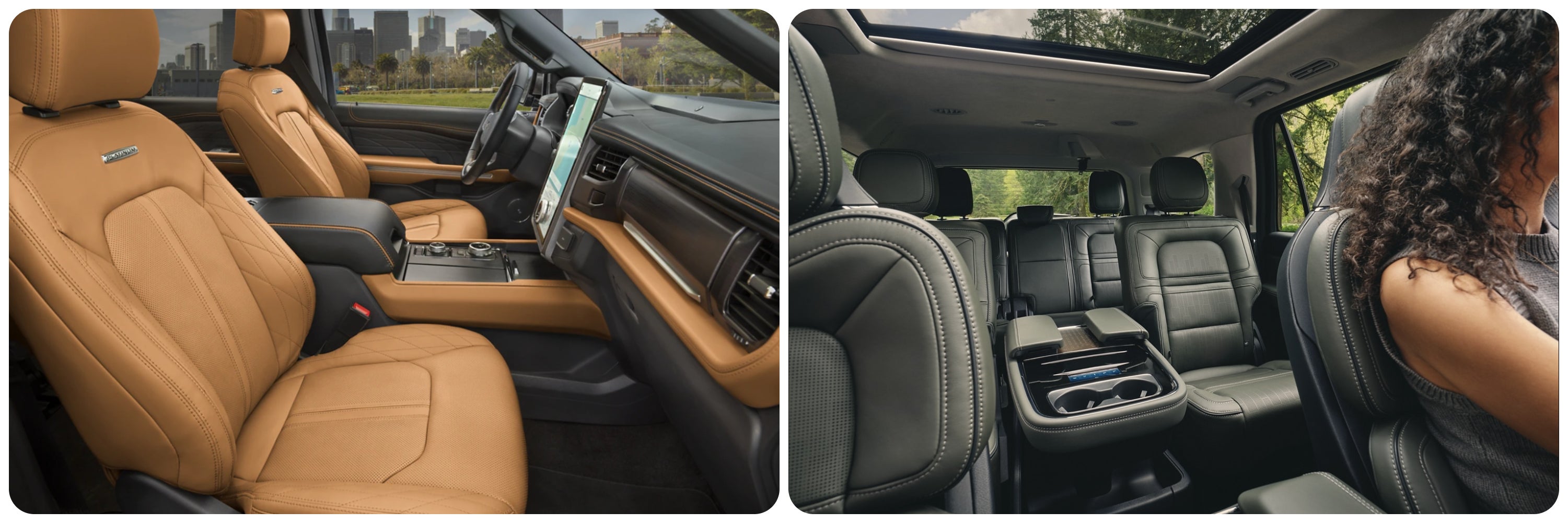 On the left a view of the interior cabin and seating of a 2023 Ford Explorer, on the right a similar view of the 2023 Lincoln Navigator