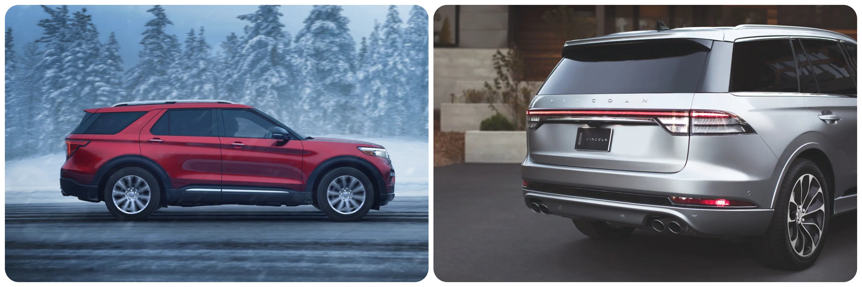 On the left a profile view of a red 2023 Ford Explorer on a snowy day, on the right a view of the back of a silver 2023 Lincoln Aviator