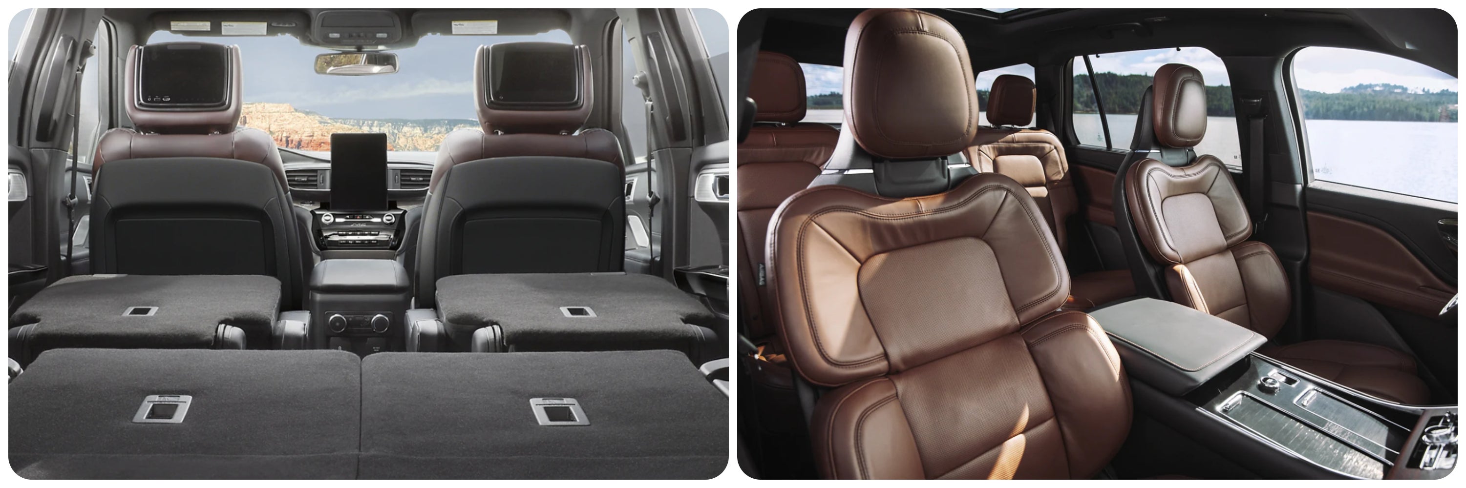 On the left a view of the interior of the 2023 Ford Explorer from the cargo hold, on the right a view of the seating of the 2023 Lincoln Aviator