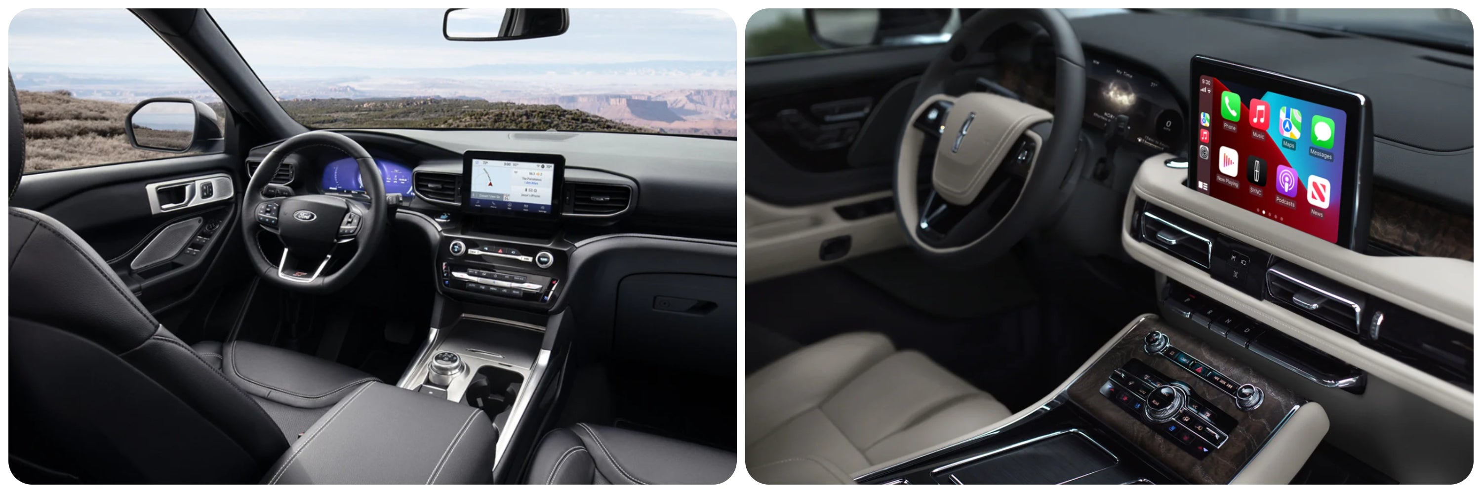 A view of the dash and infotainment system of the 2023 Ford Explorer on the left and the 2023 Lincoln Aviator on the right.