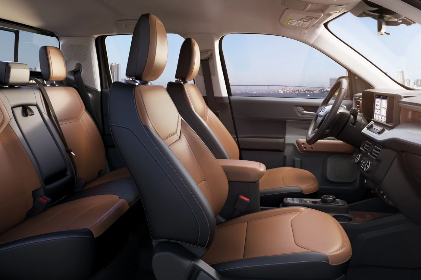 A view of the cabin and seating of a 2023 Ford Maverick