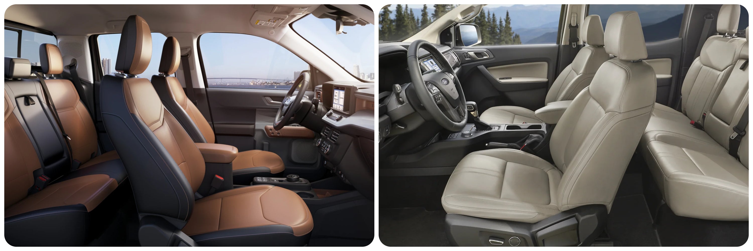 A view of the interior cabin and seating of the 2023 Ford Maverick on the left, the 2023 Ford Ranger SuperCrew on the right.