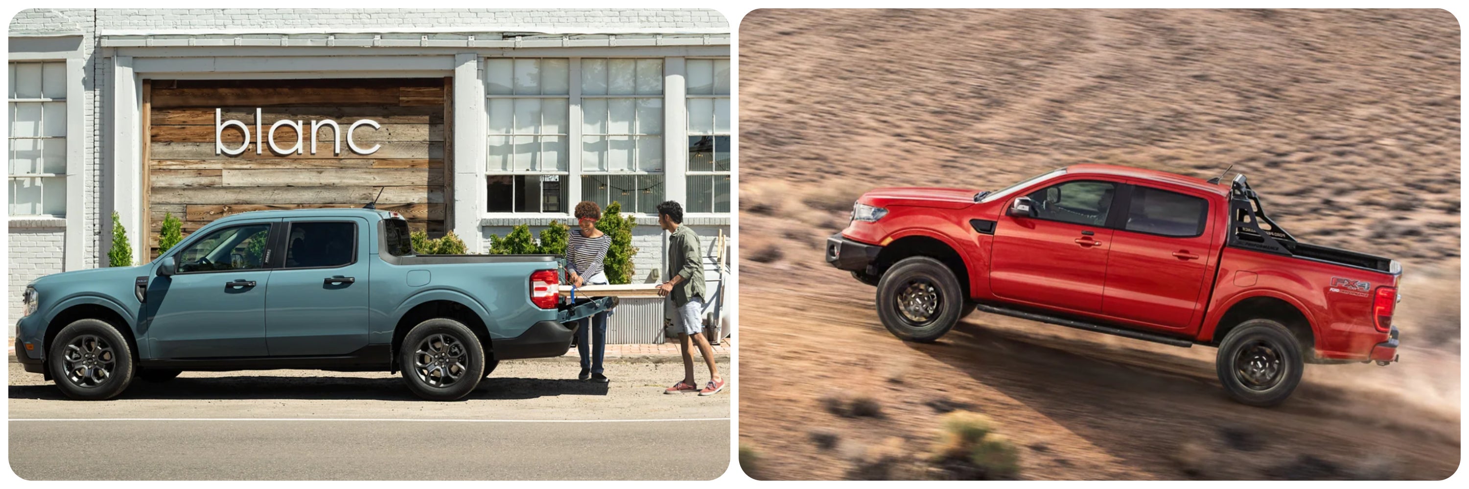 A profile view of the 2023 Ford Maverick on the left and the 2023 Ford Ranger on the right.