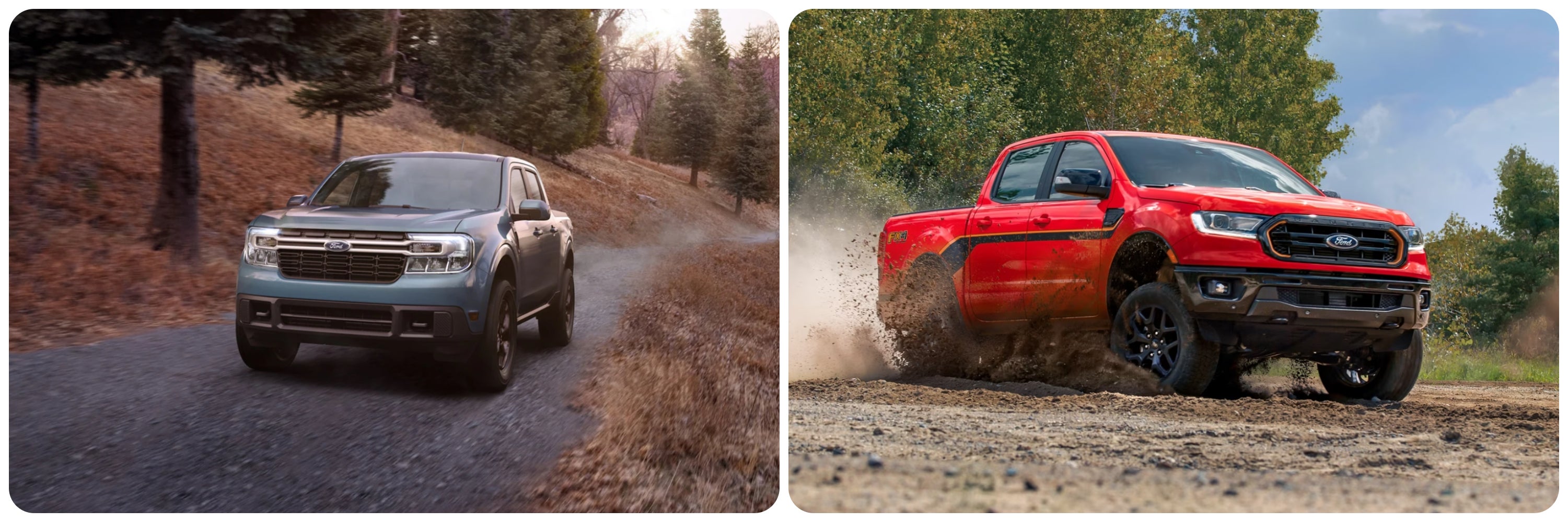On the left a front view of the 2023 Ford Maverick, on the right a view of a red 2023 Ford Ranger