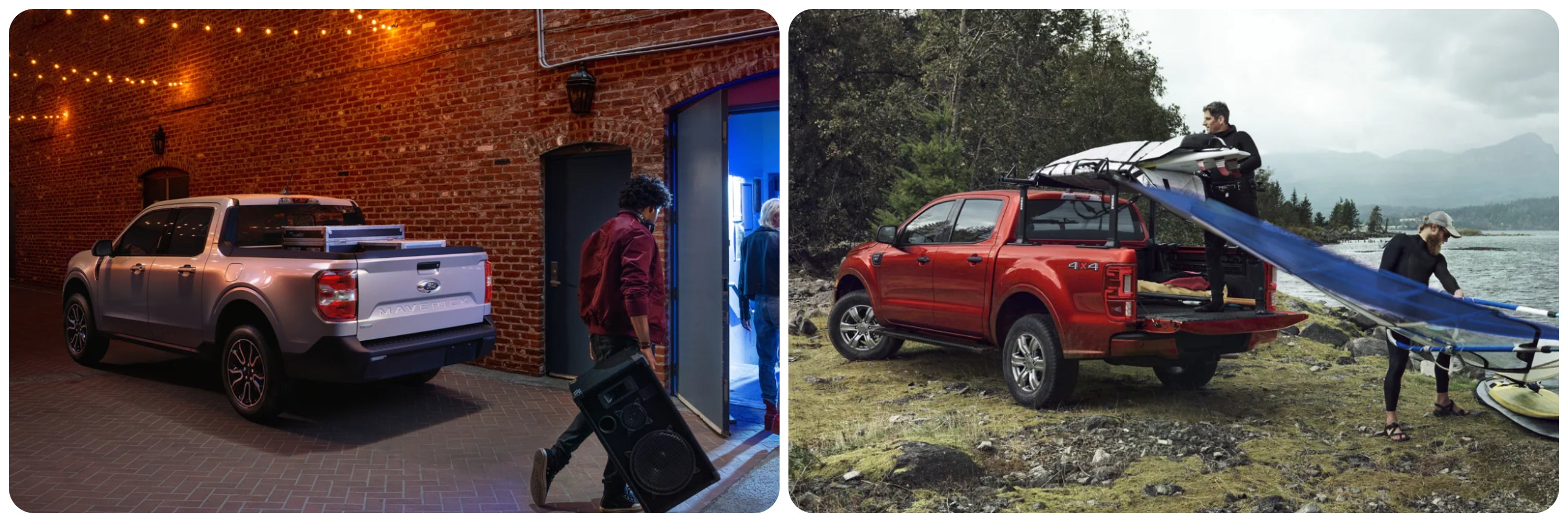 On the left, the back of a silver 2023 Ford Maverick parked behind a brick building, on the right a couple offloads a kayak and equipment from the back of a red 2023 Ford Ranger