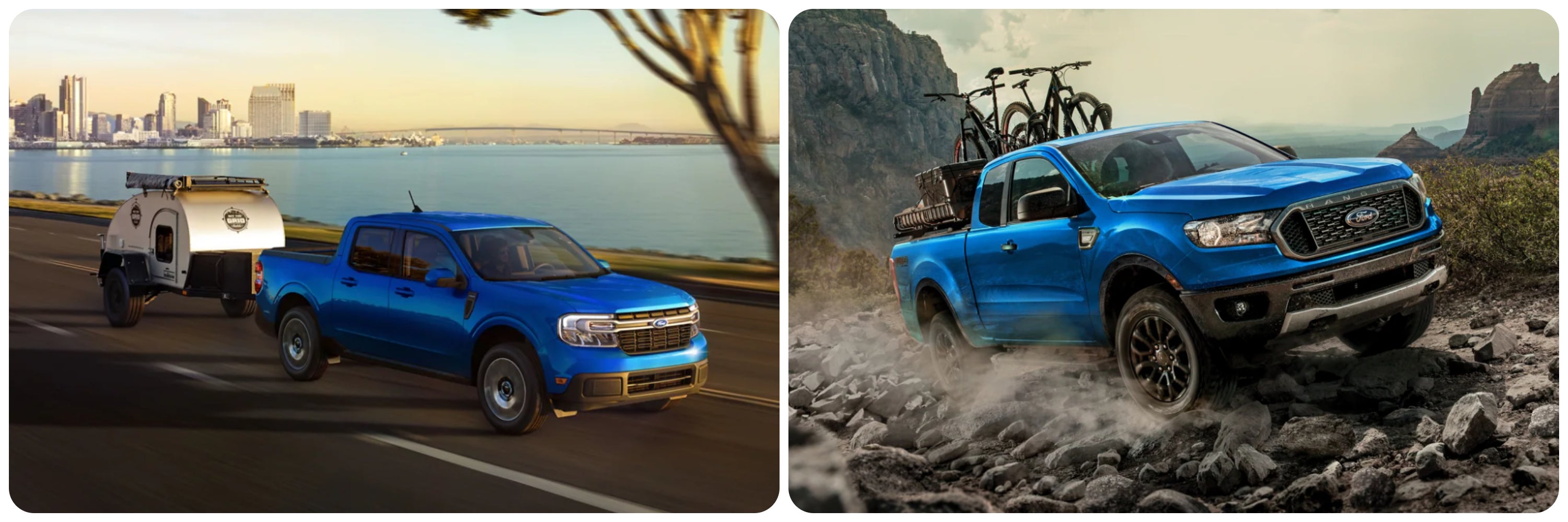 On the left, a blue 2023 Ford Maverick drives down a street hauling a small camper. On the right a 2023 Ford Ranger Supercrew loaded with mountain bikes drives across rocky terrain.
