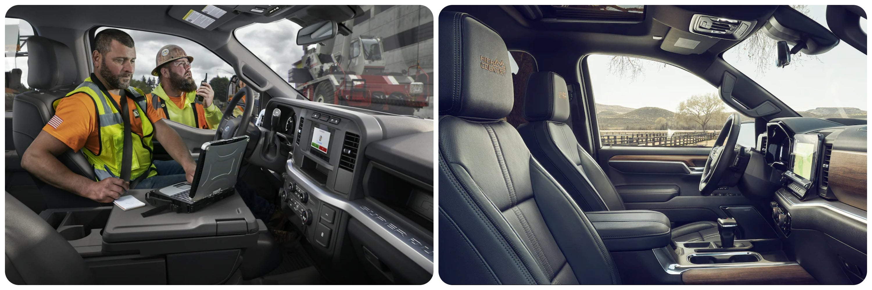 A view of the interior cabin and seating of the 2023 Ford Super Duty on the left and the 2023 Chevy Silverado on the right.