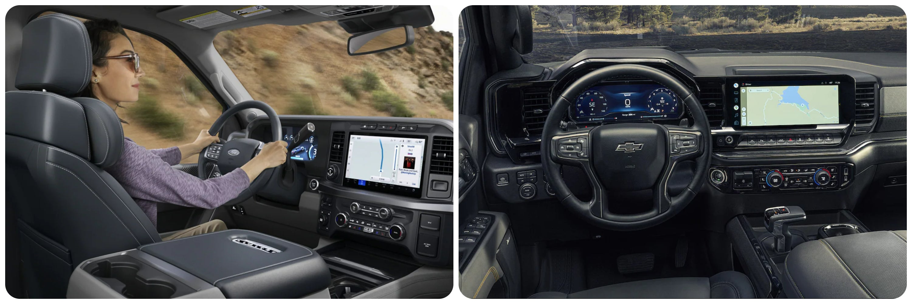 A view of the dash and infotainment systems of the 2023 Ford Super Duty on the left and the 2023 Chevy Silverado on the right.
