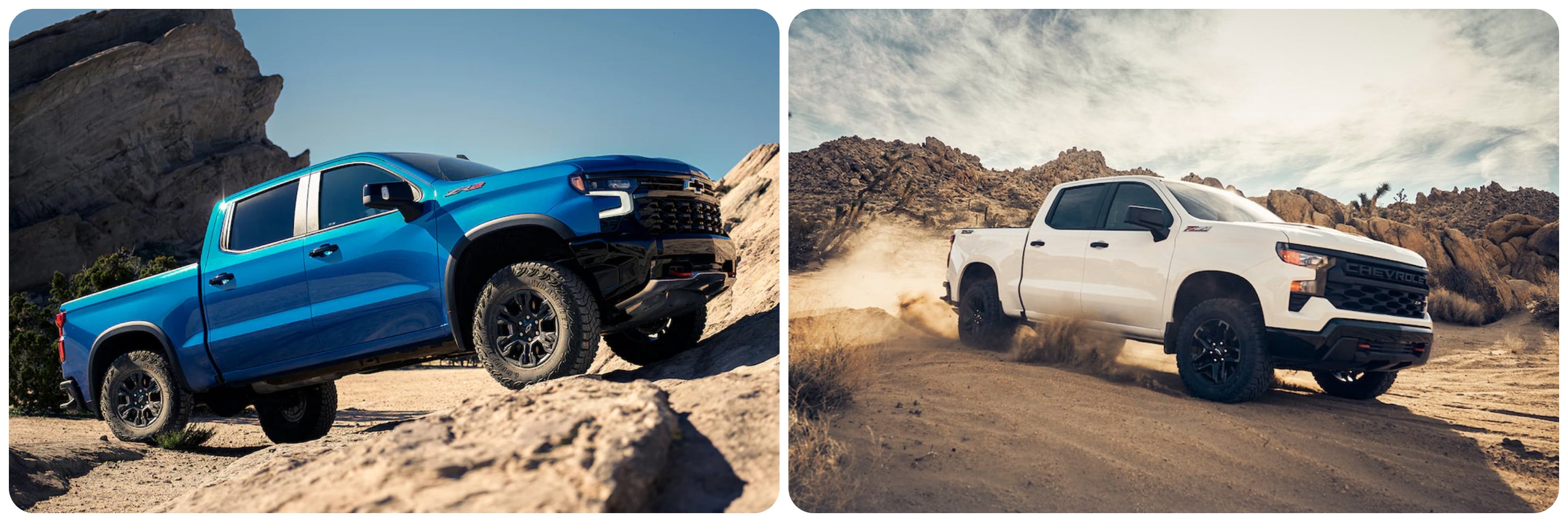 On the left a blue 2023 Ford Super Duty climbs rocky terrain, on the right a white 2023 Chevy Silverado drives in the desert.