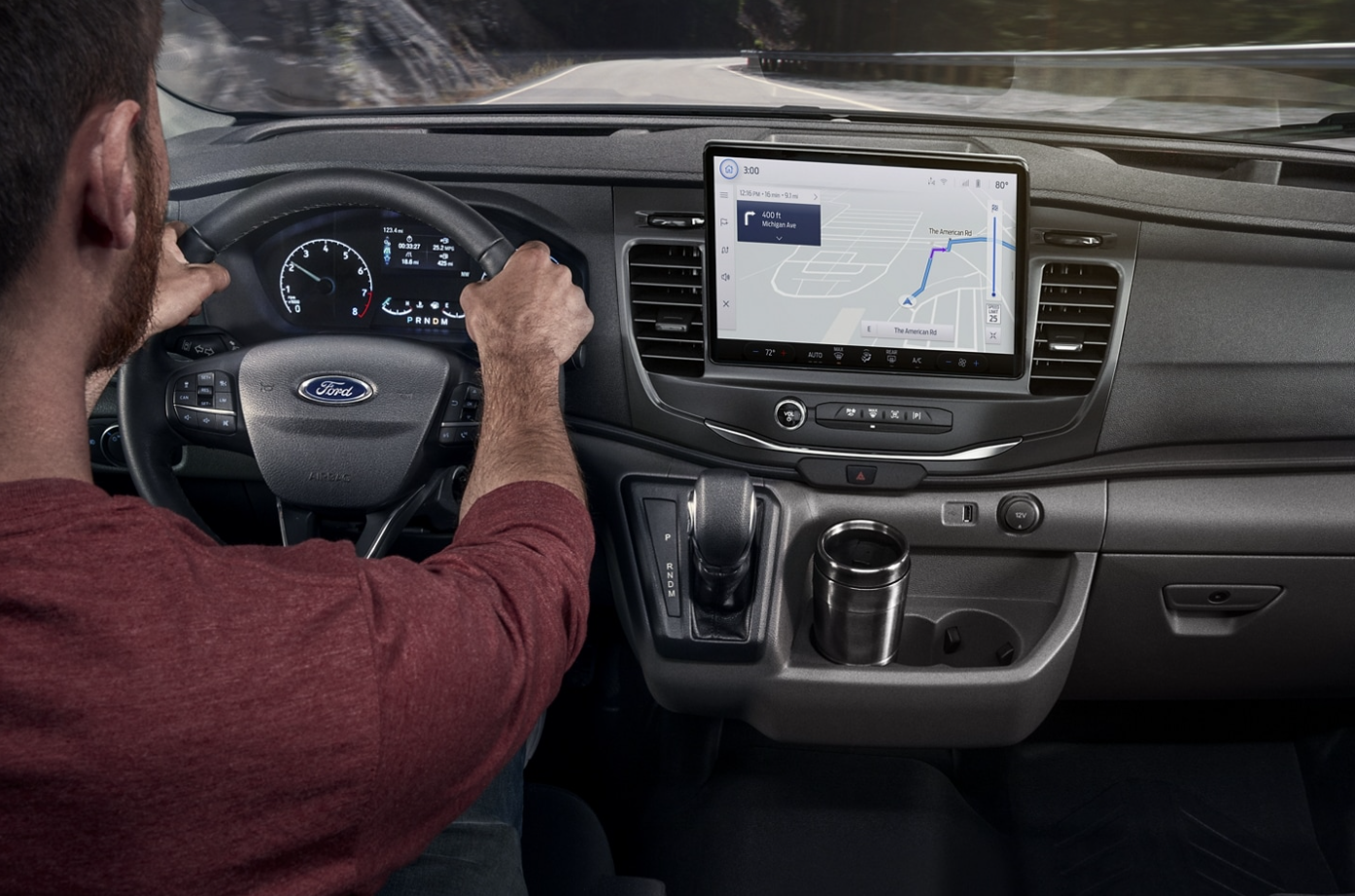 A view of the infotainment system and dash of a 2023 Ford E-Series
