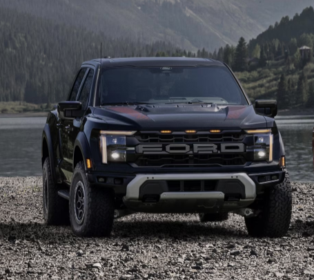 Side profile of a blue 2025 Ford F-150 truck.