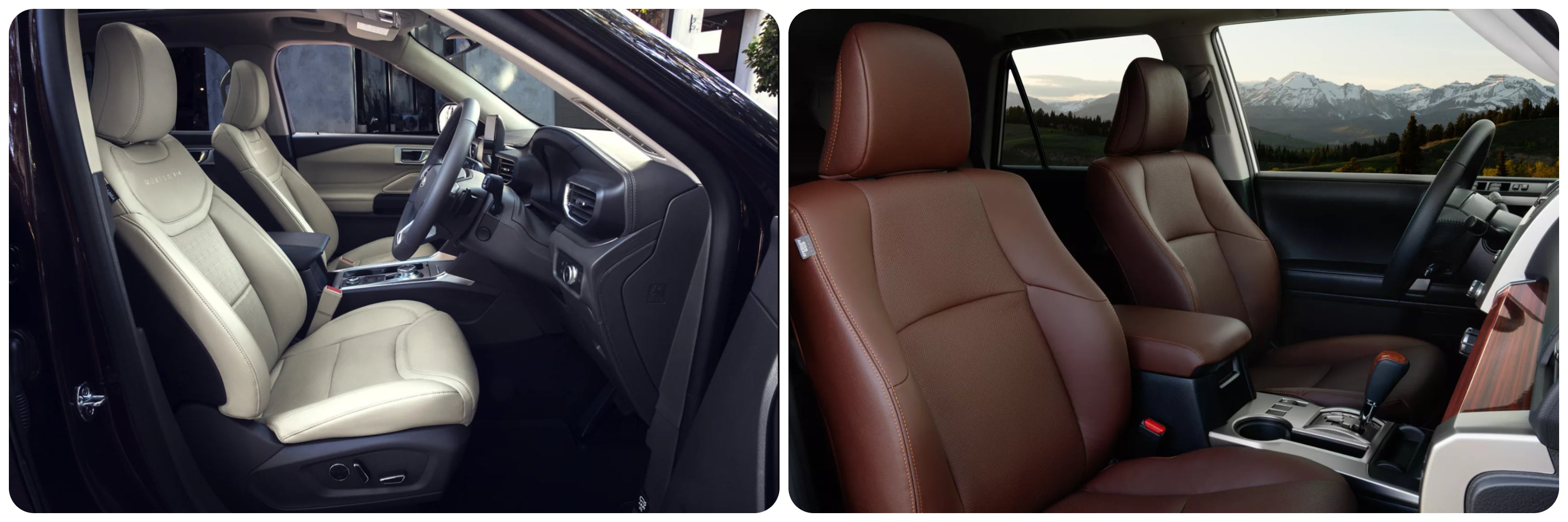 On the left a view of the interior cabin of a 2022 Ford Explorer upholstered in light gray leather. On the right a view of the cabin of a 2022 Toyota 4Runner upholstered in brown leather