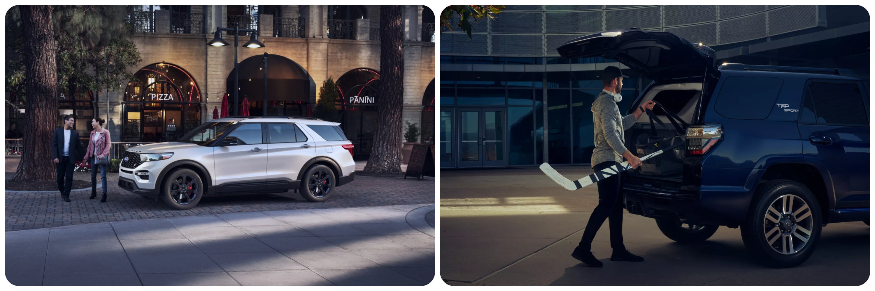 On the left a view of the profile of a white 2022 Ford Explorer as it sits parked on a city street. On the right a man loads equipment into the cargo hold of a green 2022 Toyota 4Runner