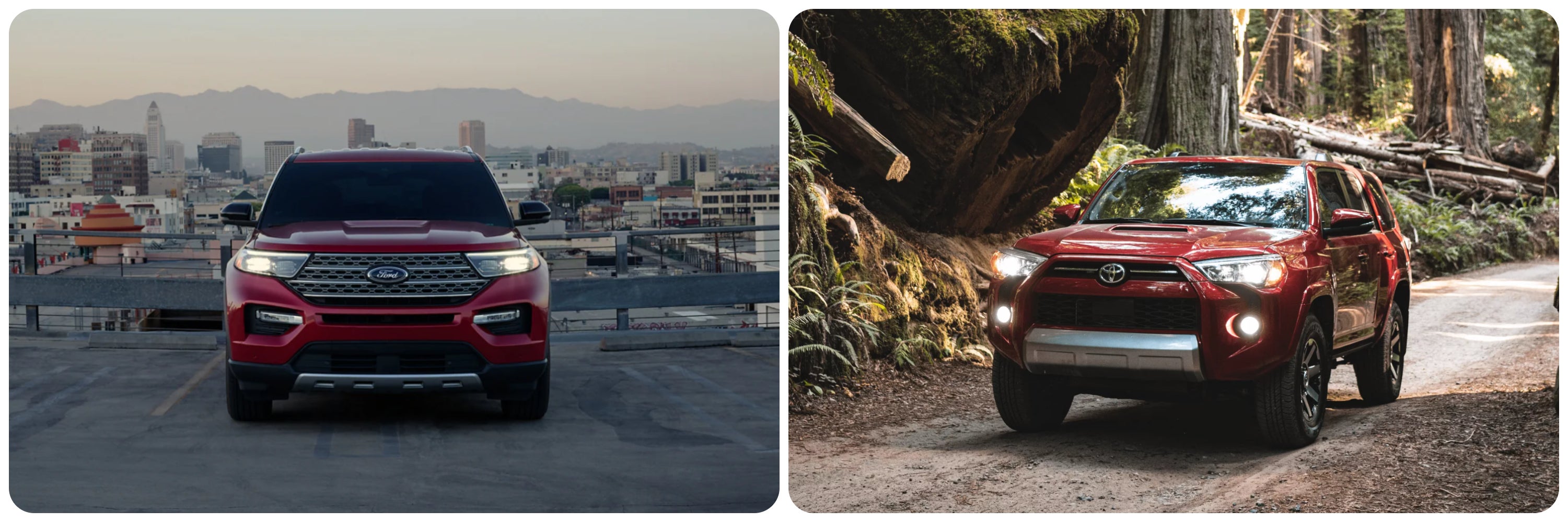 On the right a view of the front of a red 2022 Ford Explorer as it sits parked in front of a cityscape. On the right a view of a red 2022 Toyota 4Runner as it drives through Redwood National Forest