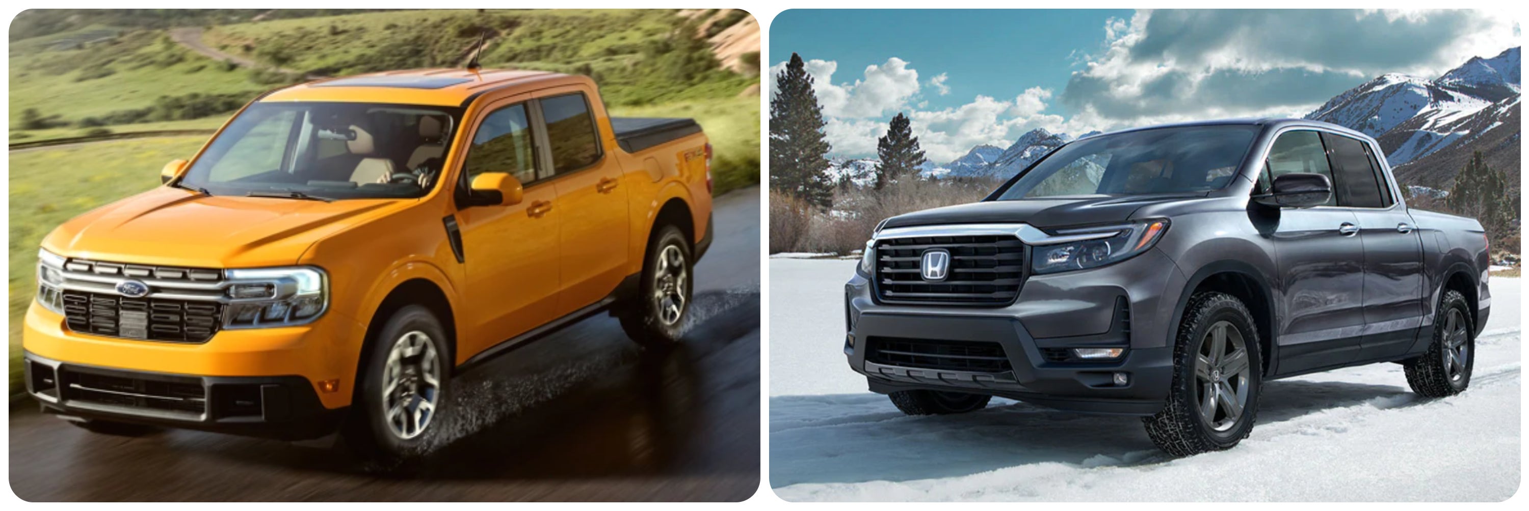 On the left a yellow 2022 Ford Ranger cruising down a country road. On the right a gray 2022 Honda Ridgeline sits parked in a snowy field.