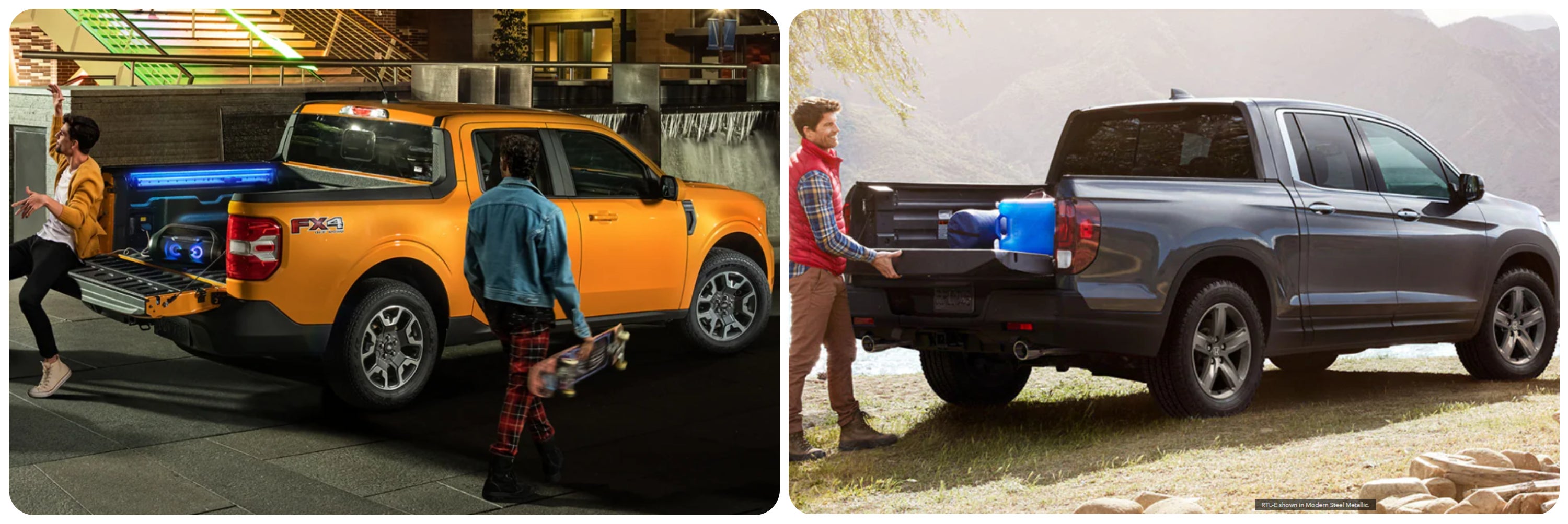 On the left a couple men hang out near the rear of a yellow 2022 Ford Ranger. On the right a man loads cargo into the bed of a gray 2022 Honda Ridgeline