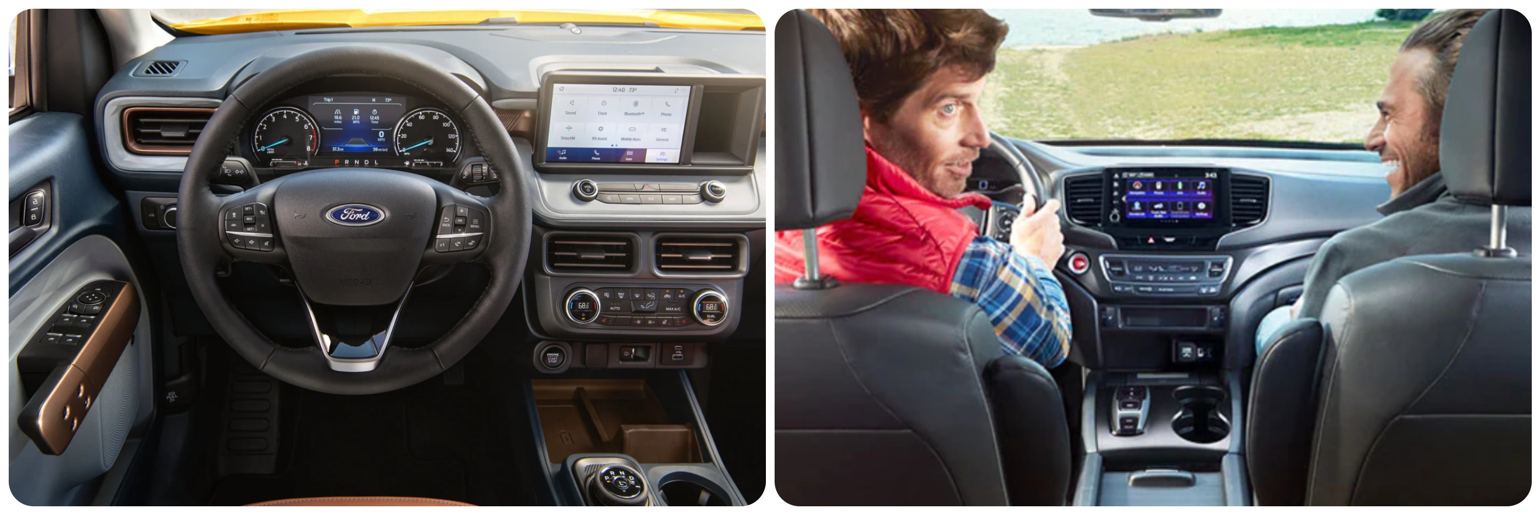 On the left a view of the dash of a 2022 Ford Maverick. On the right two men sit in the front seats of a 2022 Honda Ridgeline.