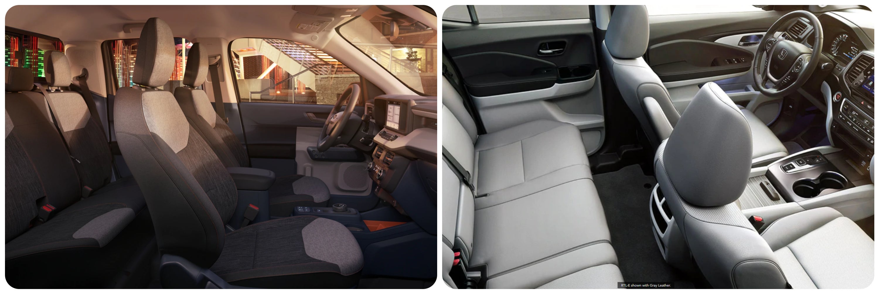 On the left a view of the interior cabin of a 2022 Ford Maverick. On the right, a view of the interior cabin of a 2022 Honda Ridgeline