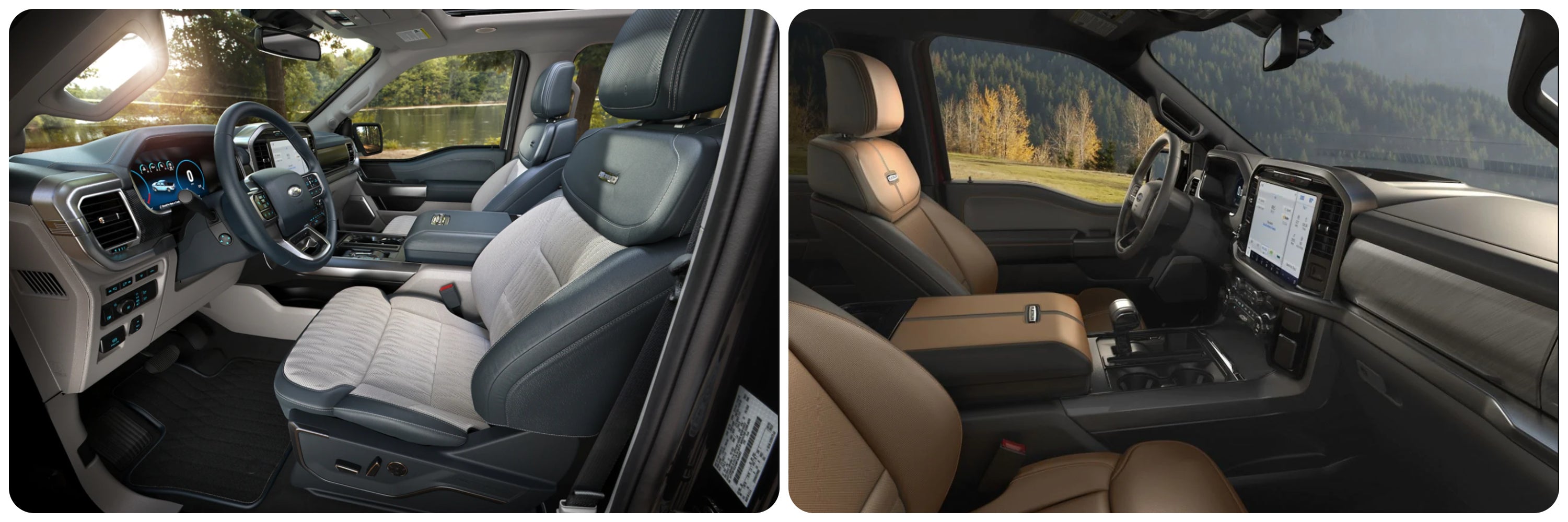 On the left is a view of the interior seating in gray cloth and leather of the 2022 Ford F-150 and on the right a two-toned brown leather interior of a King Ranch 2021 Ford F150
