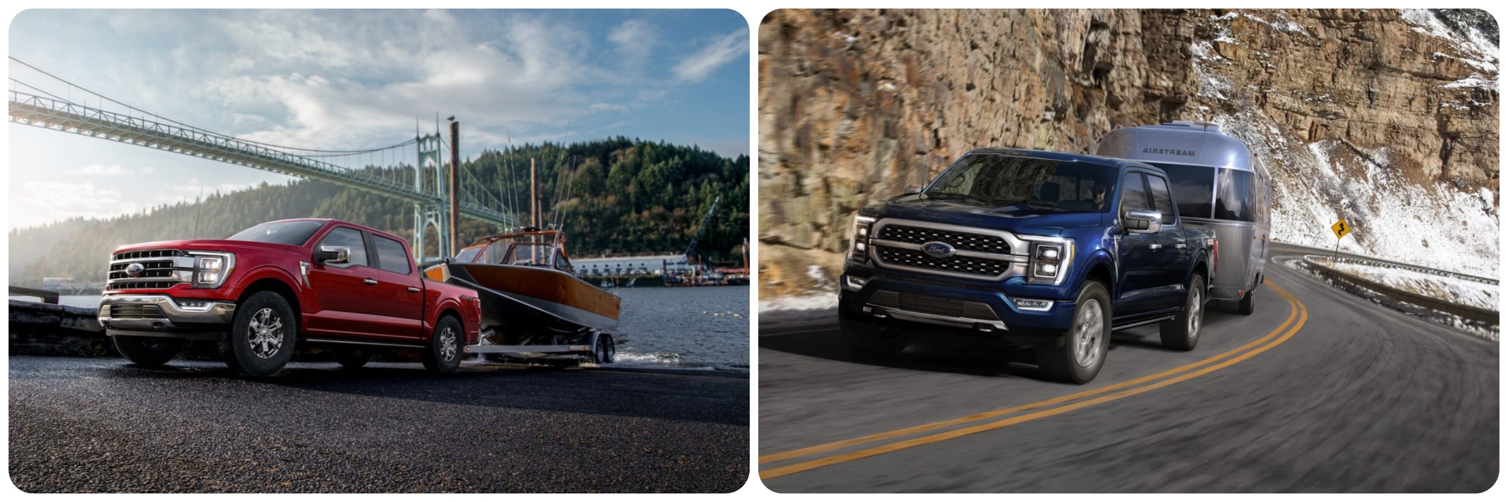 On the left a cherry red 2022 Ford F150 sits parked on a beach with a small speedboat it towed moved into the water. On the right a blue 2021 Ford F150 hauling an airstream trailer on a curving mountain road