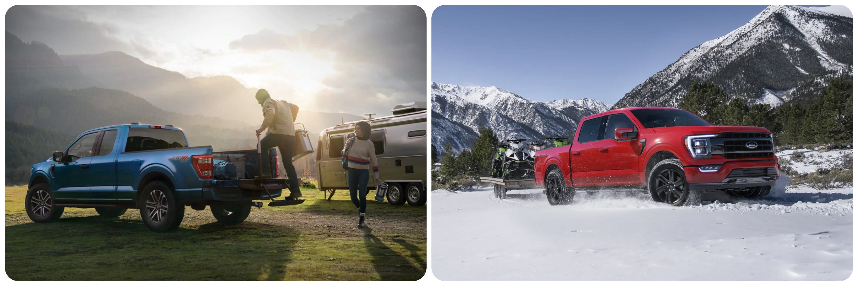 On the left a man steps into the bed of a blue 2022 Ford F150, loading camping gear with an airstream in the background and a woman walking up. On the right, a red 2021 Ford F150 hauls a pair of snowmobiles across a snowy field in the mountains.