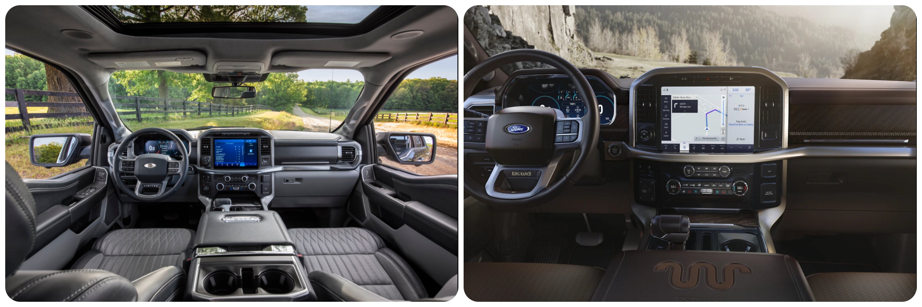On the right, an all gray interior with leather seats cabin of a 2022 Ford F150 with digital dash and touchscreen infotainment center. On the right the interior brown and leather cabin of a King Ranch 2021 Ford F150 with digital dash and touchscreen infotainment center in the middle of the dash