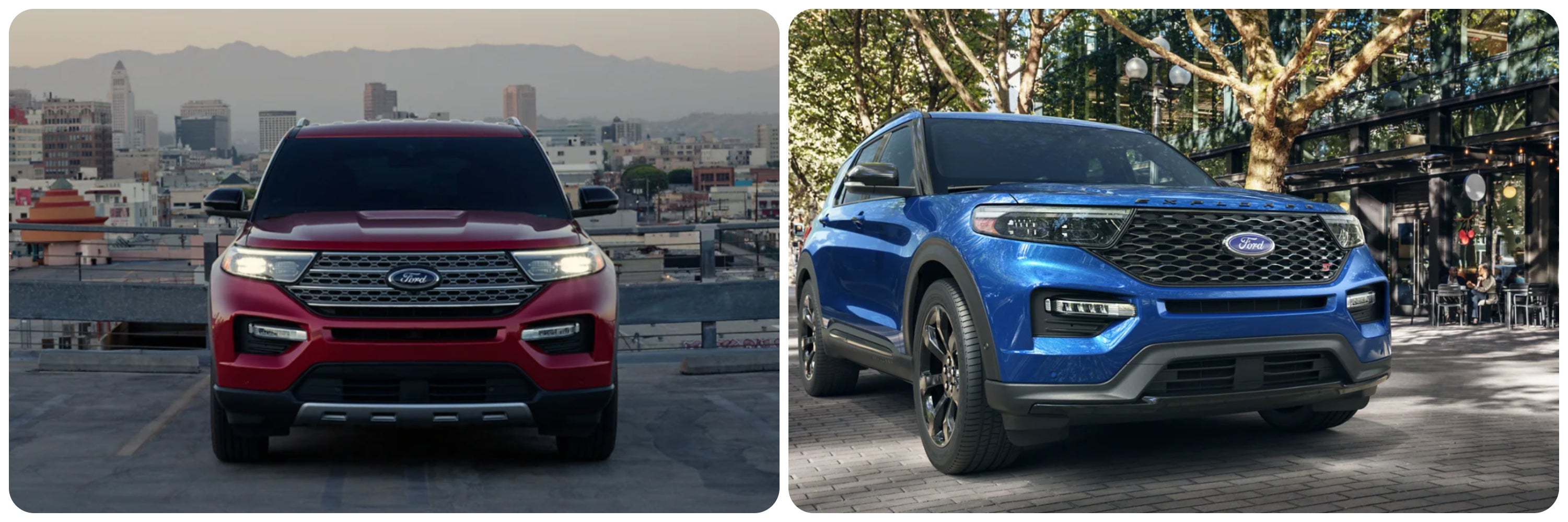 On the left a red 2023 Ford Explorer sits parked facing the viewer, and on the right a blue 2022 Ford Explorer sits parked facing the viewer