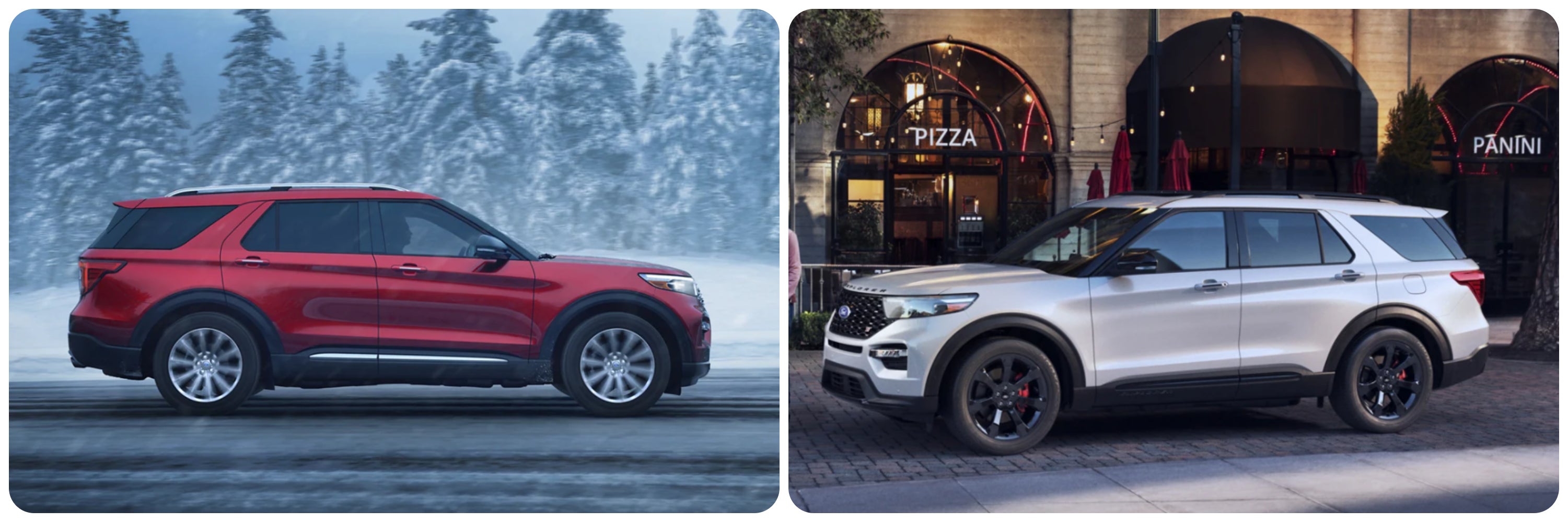 On the left a profile view of a red 2023 Ford Explorer and on the right a profile view of a silver 2022 Ford Explorer