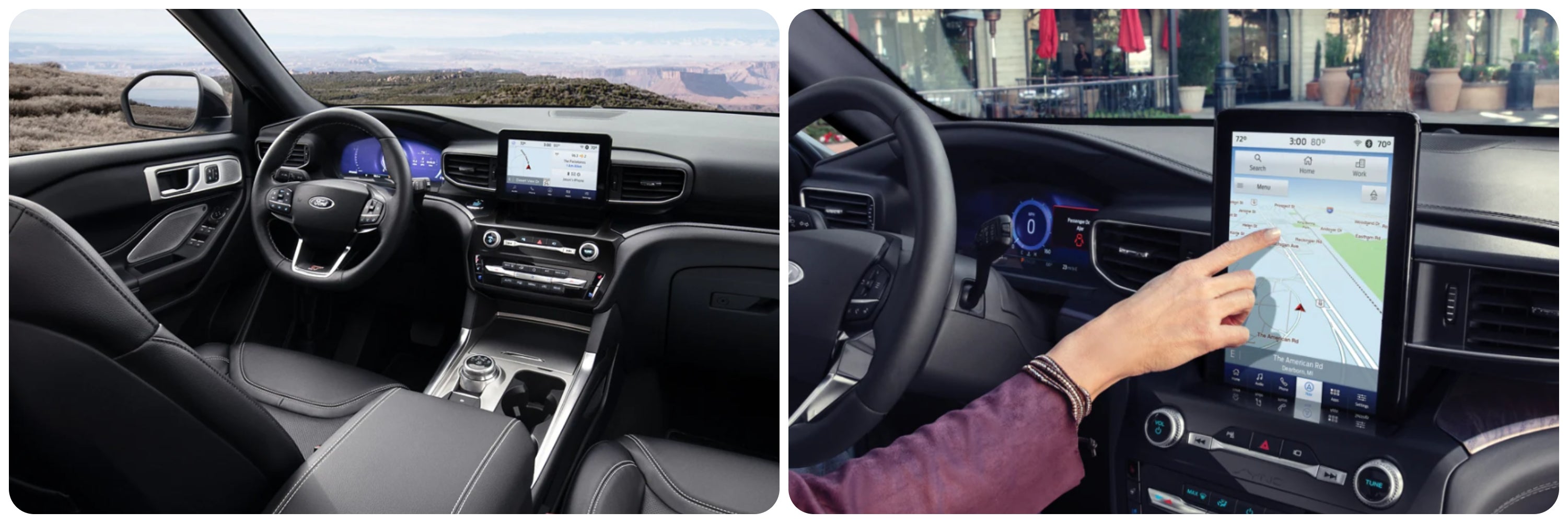 A view of the dash of the 2023 Ford Explorer on the left and the dash of the 2022 Ford Explorer on the right.