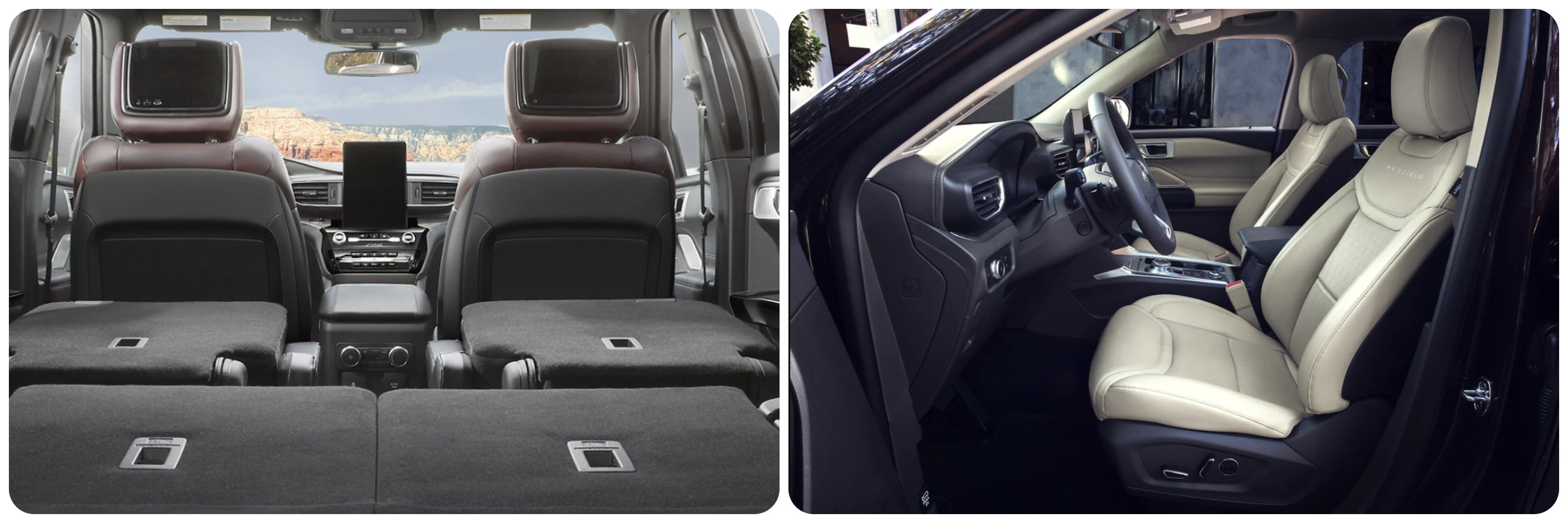 On the left the cargo hold of a 2023 Ford Explorer, and on the right a view of the interior cabin of a 2022 Ford Explorer