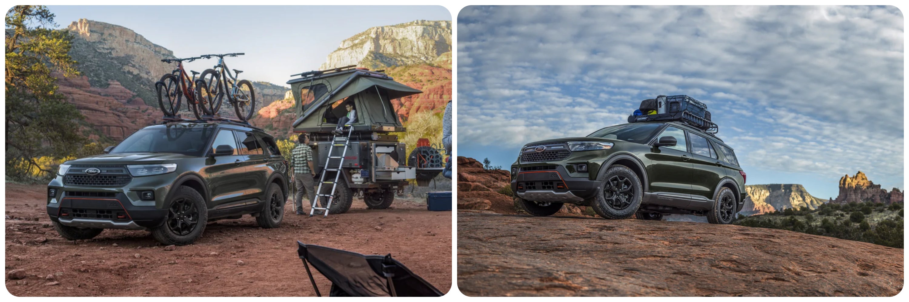 On the left a tent is attached to the back of a 2024 Ford Explorer at a campsite, and on the right a view of the cargo hold of the 2022 Ford Explorer